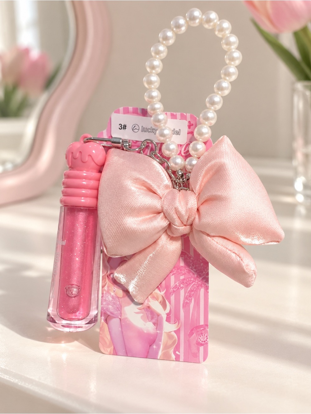Pink Satin Bow Lip Gloss Keychain with Pearl Handle
